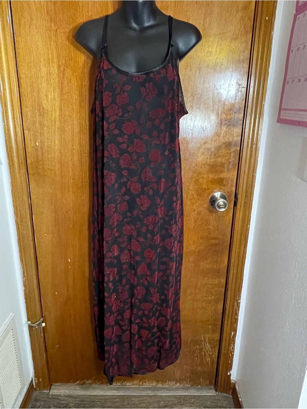Halston XL Black/Red Floral Mesh Sheer Scoop Neck Strappy Maxi Slip Dress